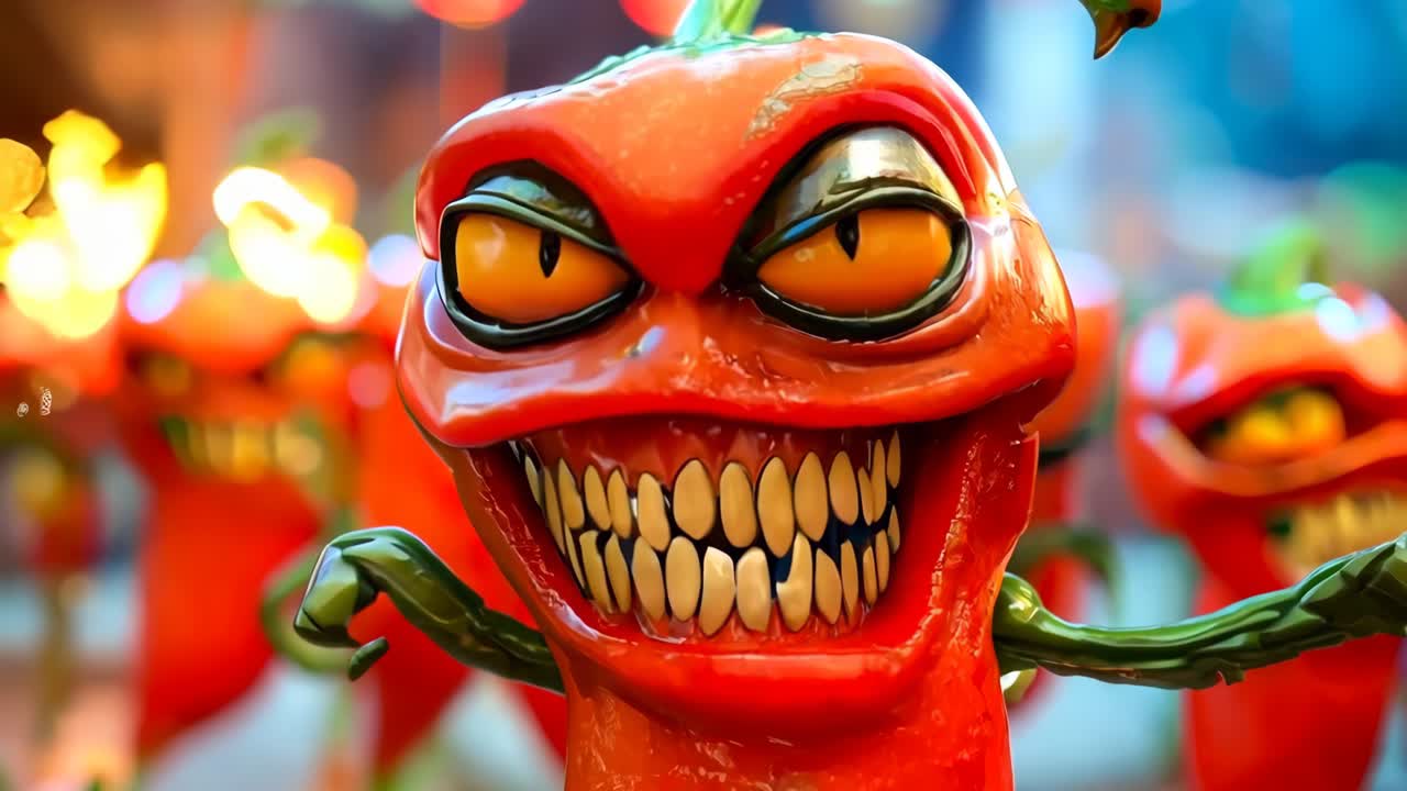 un grupo de pimientos picantes rojos con colmillos y colmillos en ellos