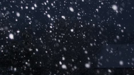 slow flurry of falling snow in a winter storm with a house and trees in the background