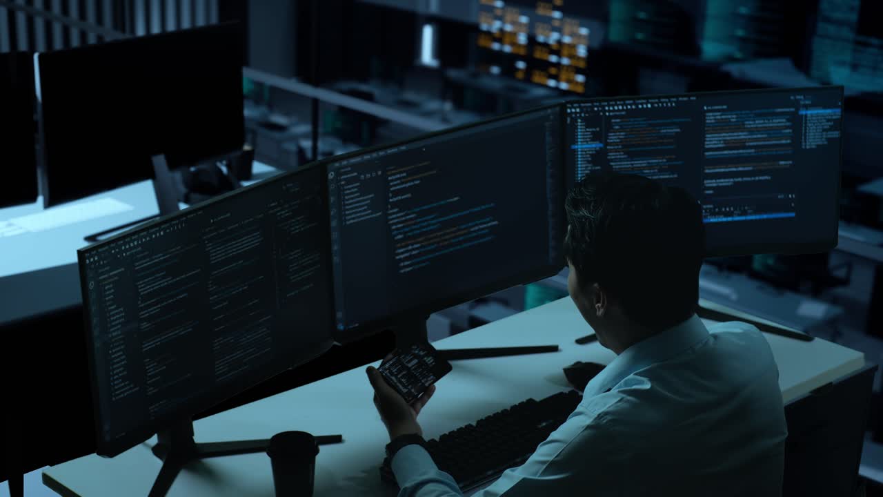 Side View Of Happy Asian Man Developer Looking At Code On Mobile Phone While Write Code With Multiple Computer Screens In The Office