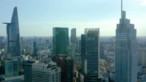 drone tracking shot of ho chi minh city skyline, a symbol of modern vietnam