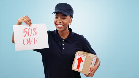 Happy-black-woman,-box-and-price-discount