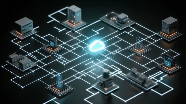 Esplorando il mondo interconnesso del cloud computing: una rappresentazione visiva dell'infrastruttura digitale e del flusso di dati in un moderno ambiente di rete.