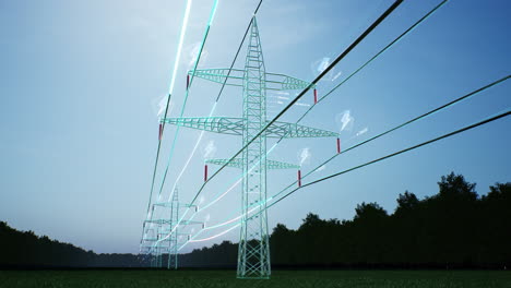 Torre-De-Energía-Industrial-De-Metal-Con-Corriente-De-Alto-Voltaje-Que-Fluye-A-Través-De-Cables