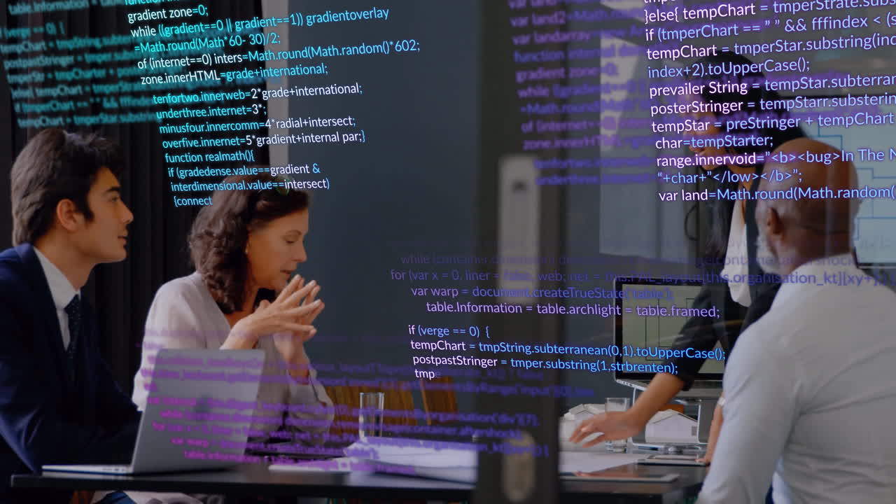 Animation of data processing over diverse colleagues discussing work in office