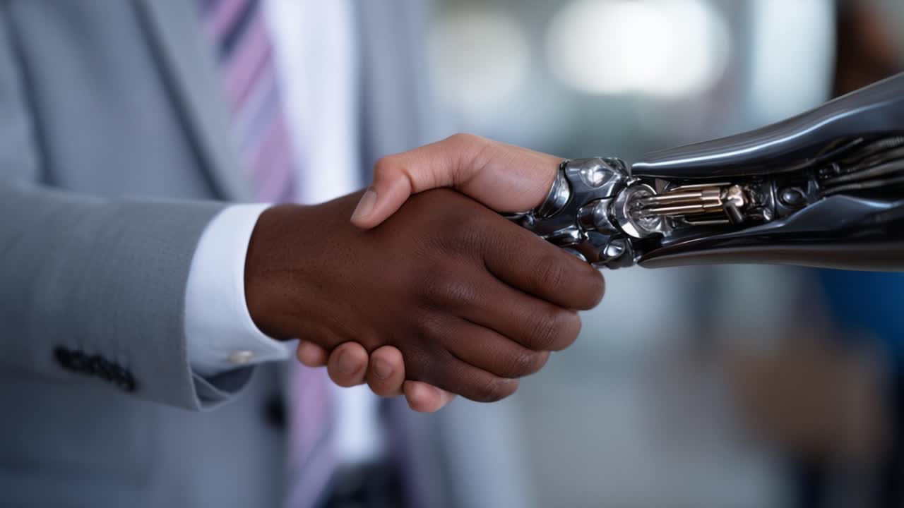 A Human and Robot Engage in a Friendly Handshake, Symbolizing the Growing Relationship Between Humanity and Artificial Intelligence in Modern Society