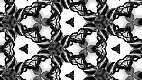 animación en bucle sin costuras de 4k de patrón en blanco y negro con cintas son retorcidas y forman estructuras complejas como patrón de adorno simétrico o efecto caleidoscópico