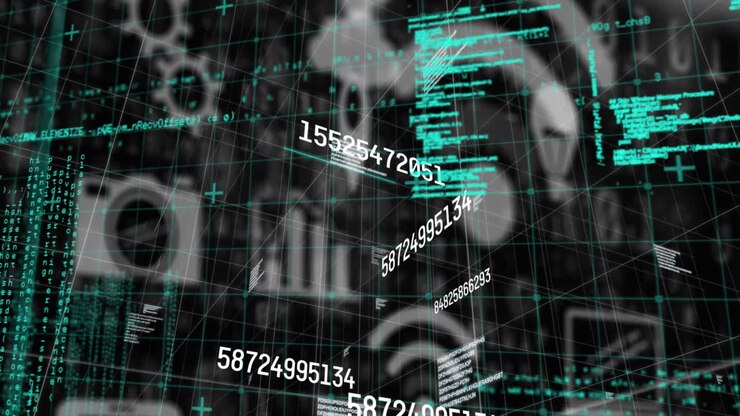Animation of scientific data processing over digital icons on black background