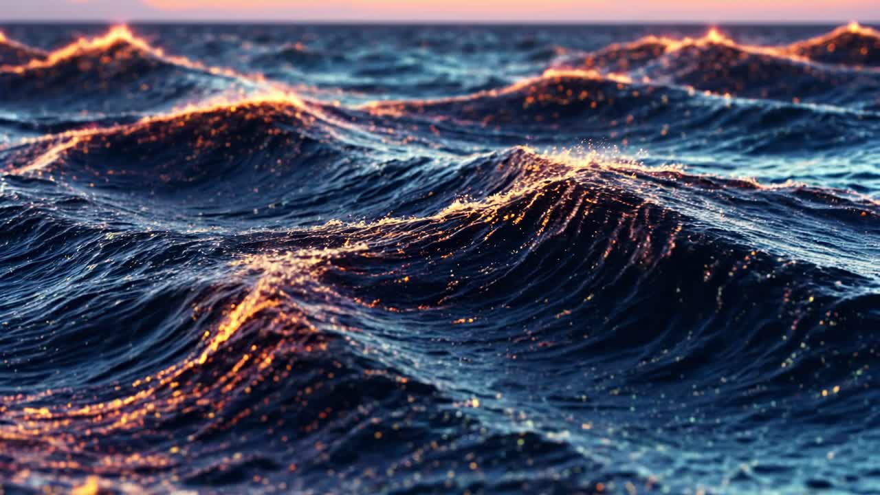 Waves illuminated by sunset create a magical atmosphere over the ocean surface in a serene coastal setting