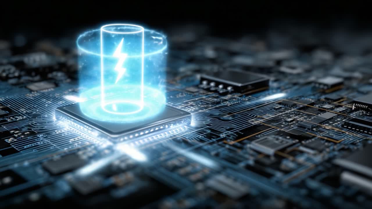 Futuristisk digital batteriteknik på mikrochip: En konceptuell representation med en energikälla och kretsbakgrund i en högteknologisk miljö.
