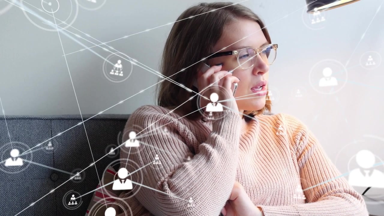 Animation of caucasian woman talking on smartphone over network of connections with icons