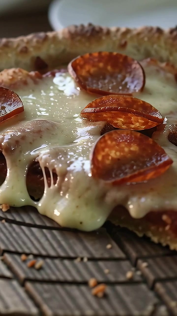Video verticale: Formaggio fuso che fila da una fetta di pizza al salame su una griglia sul tavolo della cucina, con una rotella tagliapizza che si avvicina