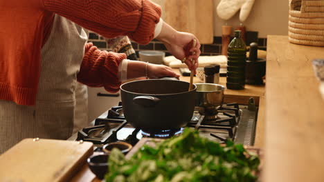 woman cooking in kitchen, stirring food in pot on stove