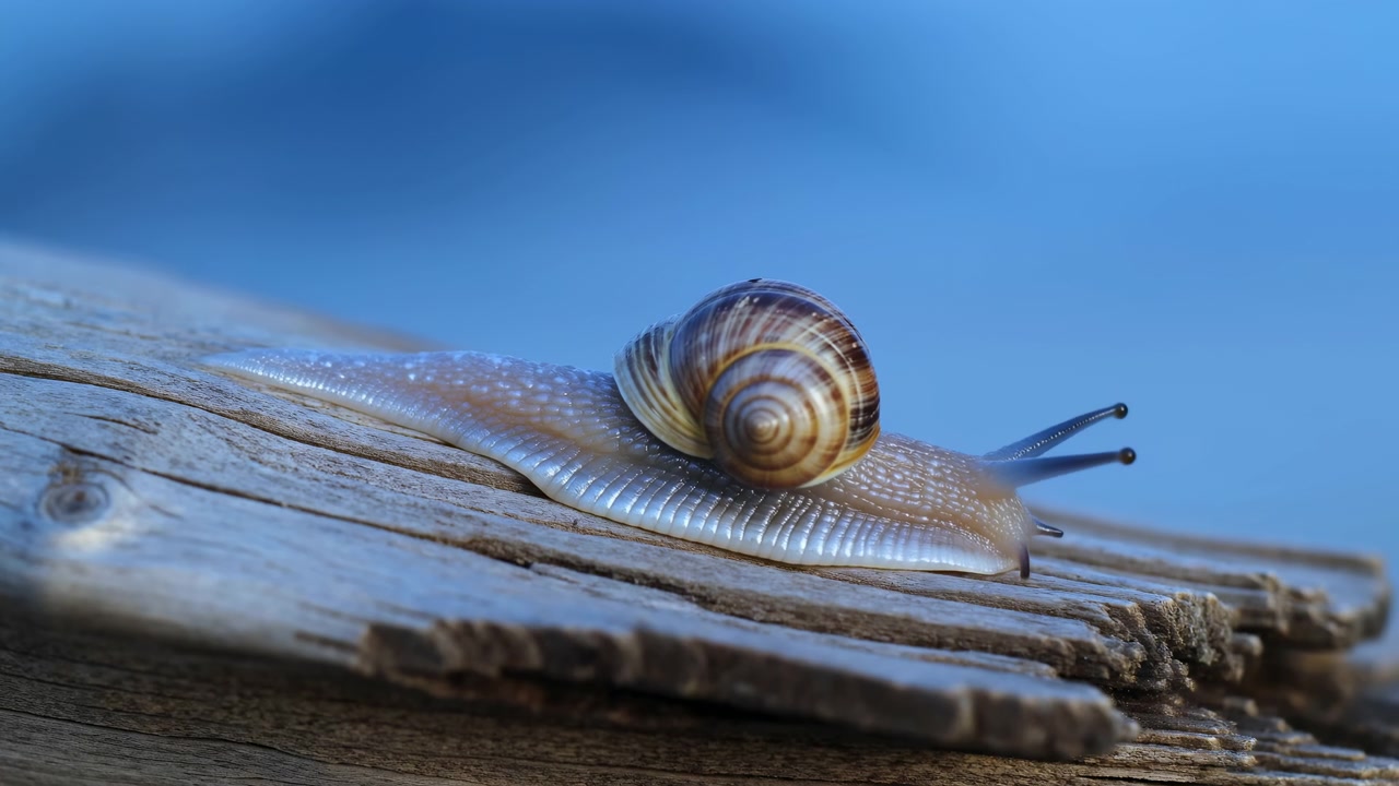 Snail climbing, in wooden surface with blue sky background, with snail, wooden surface, with wood, shell texture, from a top-down perspective perspective, with brown, blue accents.