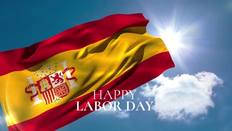 Animation-of-happy-labor-day-text-over-spanish-flag-and-blue-sky