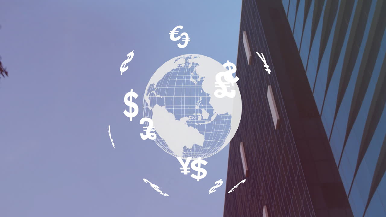 Global currency symbols animation over skyscraper and blue sky background
