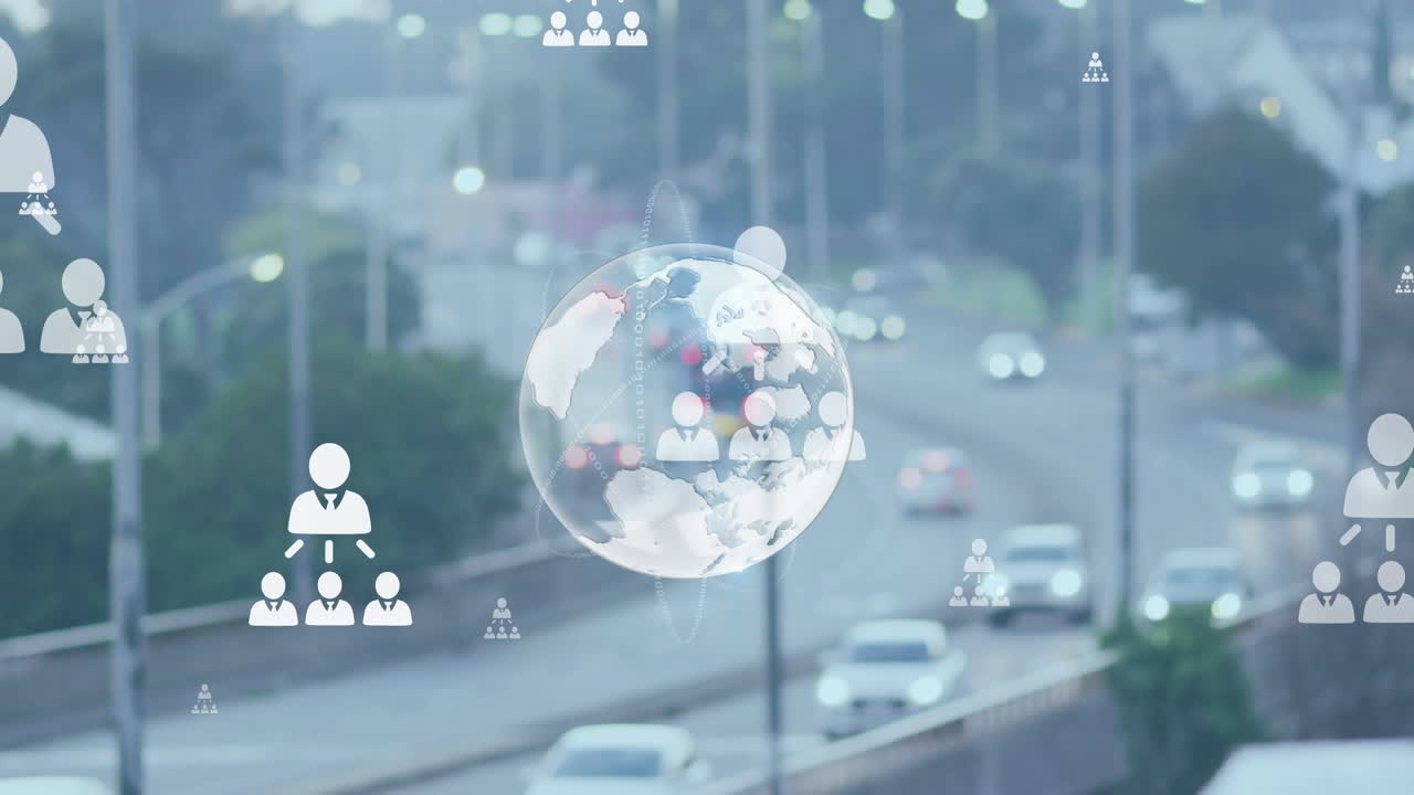 데이터 처리 및 도시 풍경 위의 지구의 애니메이션