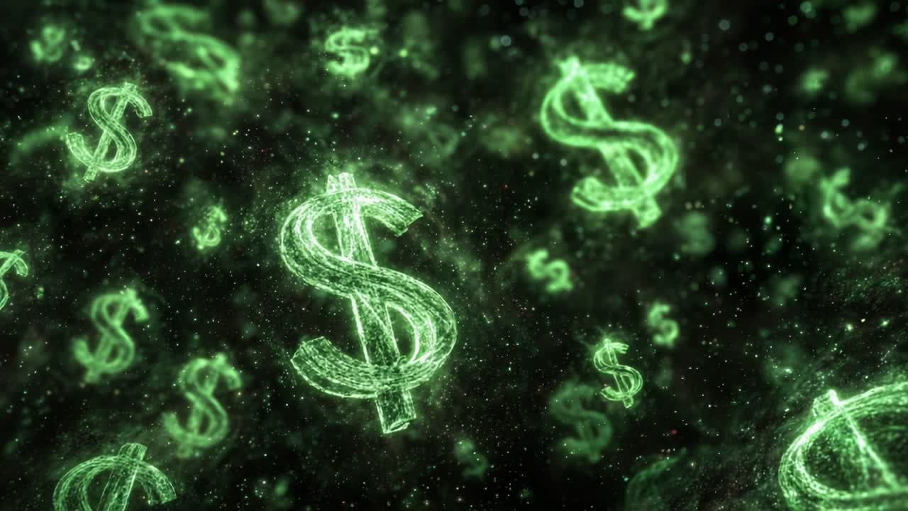 Upea visuaalinen esitys kelluvista vihreistä dollarimerkeistä kosmista taustaa vasten, vangiten varallisuuden, vaurauden ja taloudellisten mahdollisuuksien ytimen ainutlaatuisella tavalla.