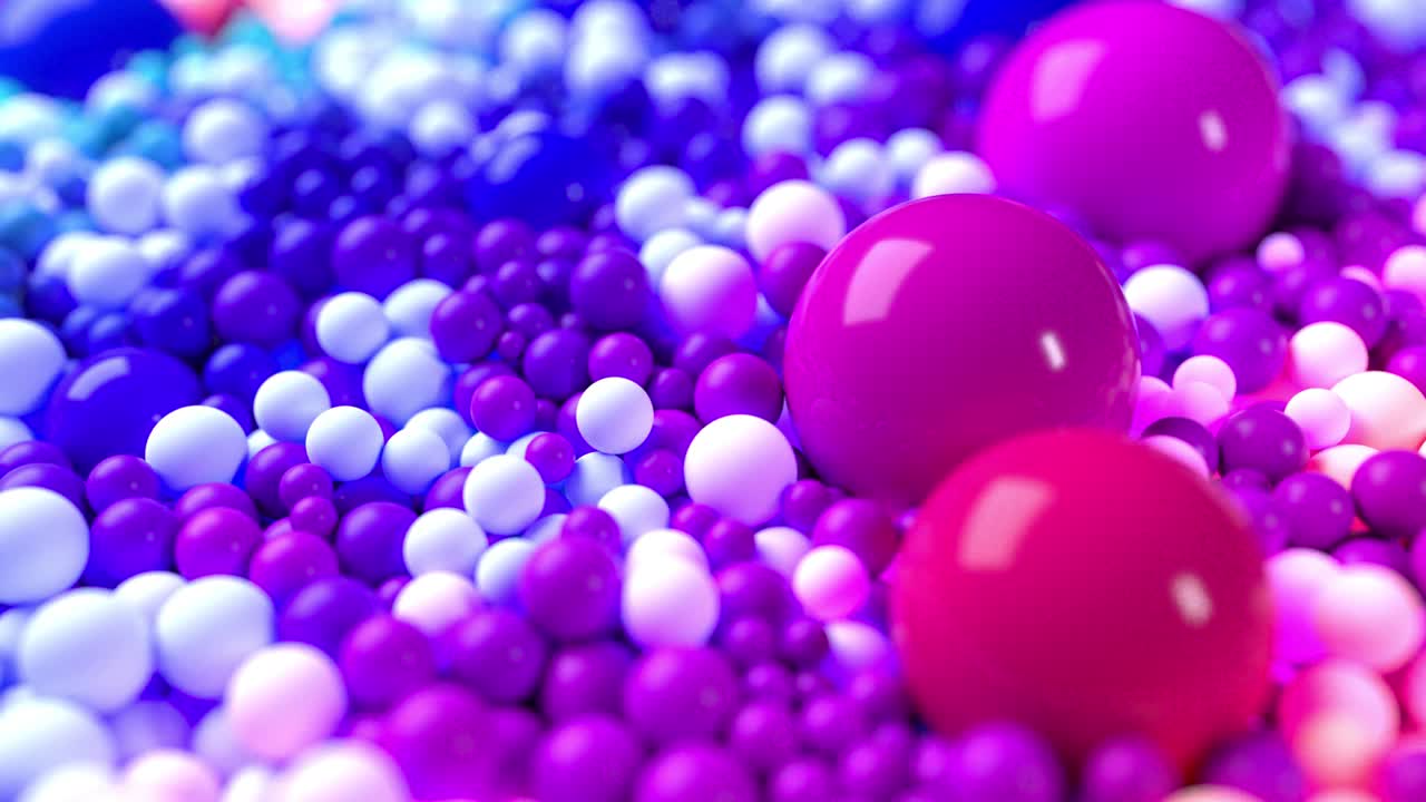composición de luz con bolas coloridas que cubren la superficie, algunas de las cuales brillan. 3d en 4k fondo abstracto con animación fluida de esferas con profundidad de campo