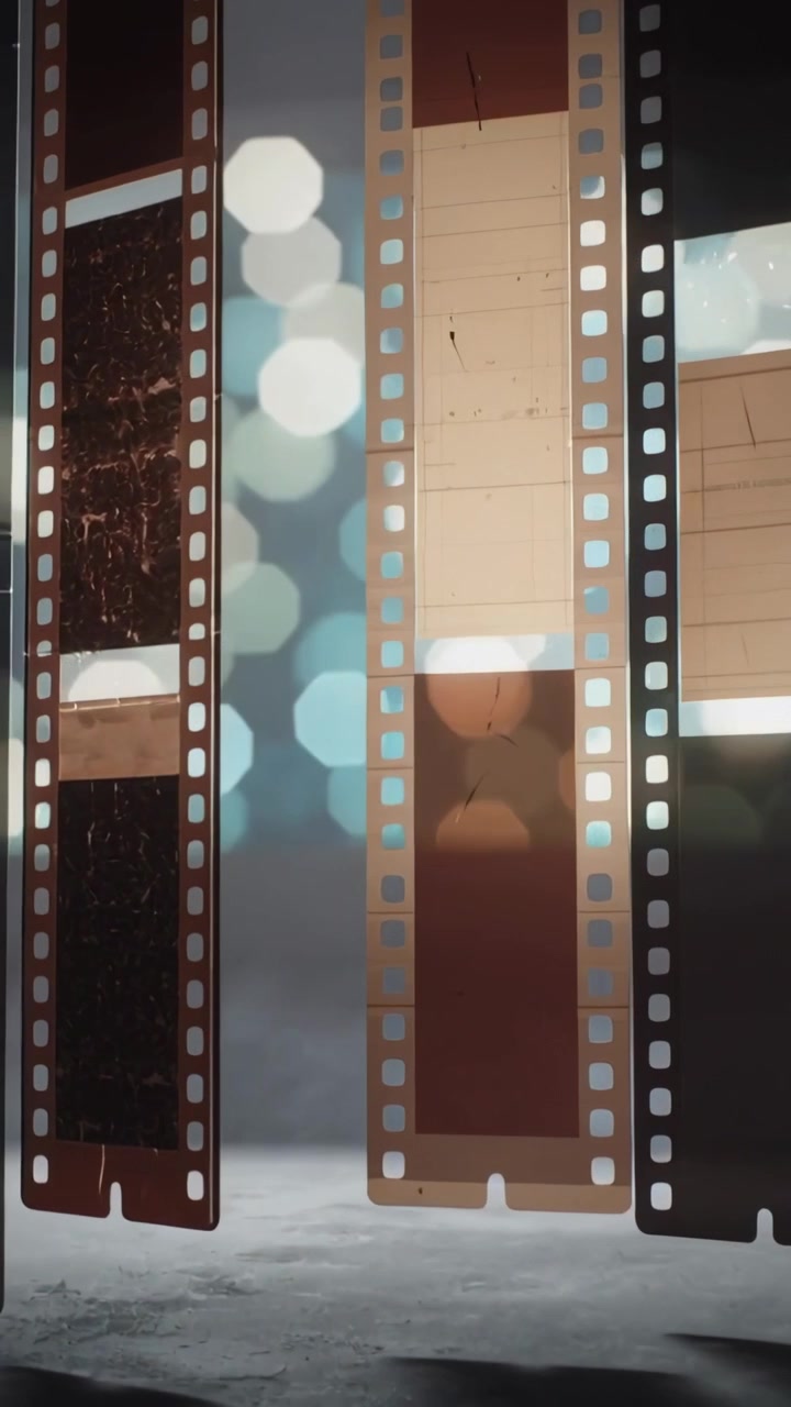 Video verticale: Leggera brezza che muove tre pellicole cinematografiche in uno studio, mostrando graffi sull'emulsione e bokeh.