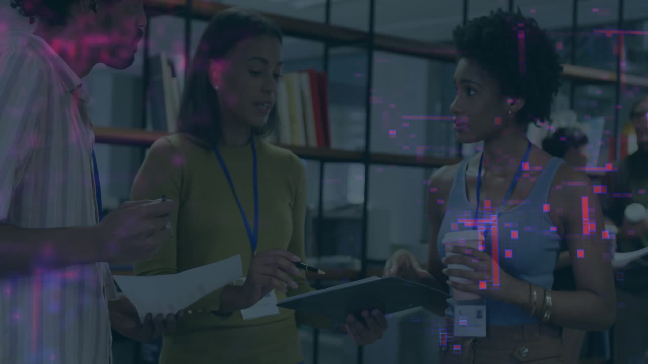 Center woman pointing clipboard initiating animated highlights and callouts during business review