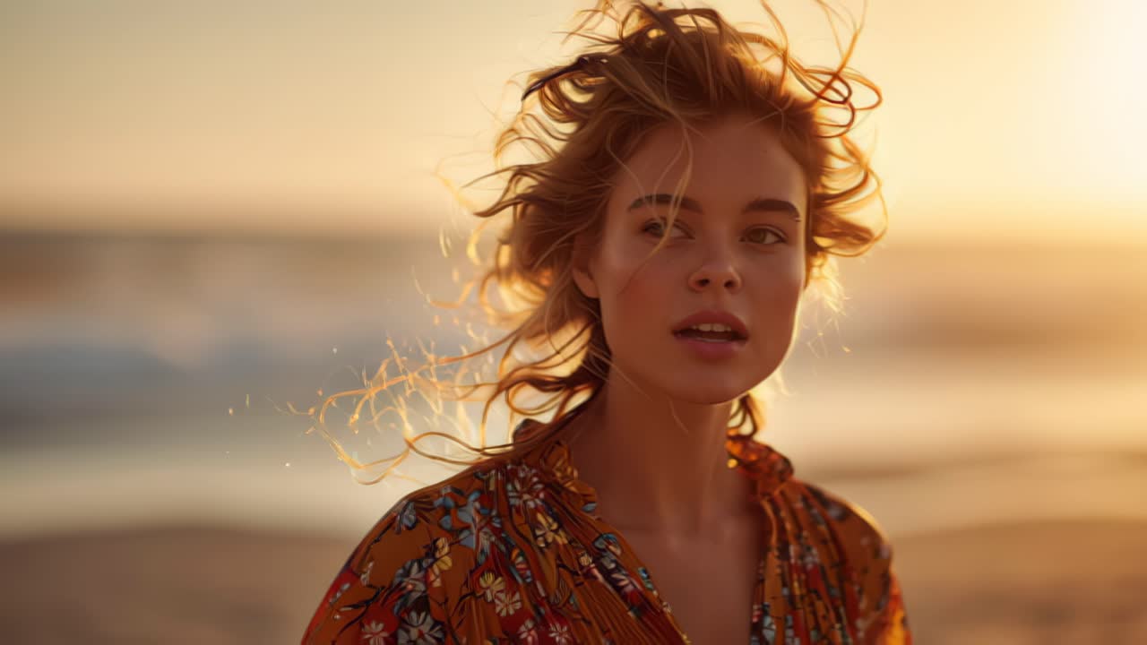Close-up footage of a young woman with windblown hair standing on a sandy beach at sunset, warm golden light and soft bokeh creating a dreamy summer mood