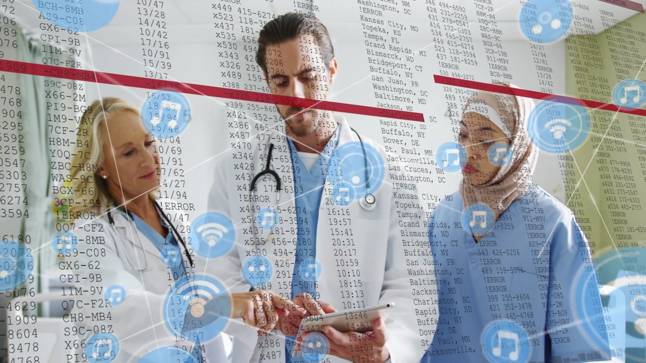 Lead doc holding tablet while blue icon appearing, HUD rising, team pointing, checking patient data