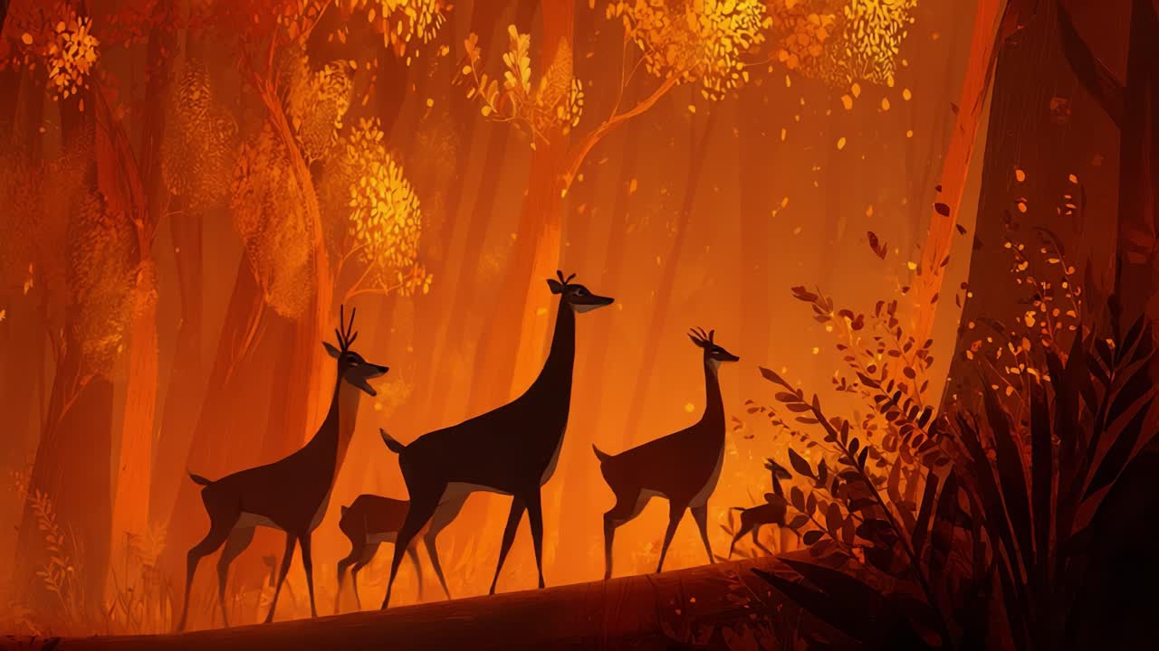 A Family of Deers Gracefully Navigating Through an Enchanted Forest Bathed in Warm Autumn Colors, Showcasing Nature's Beauty and Tranquility