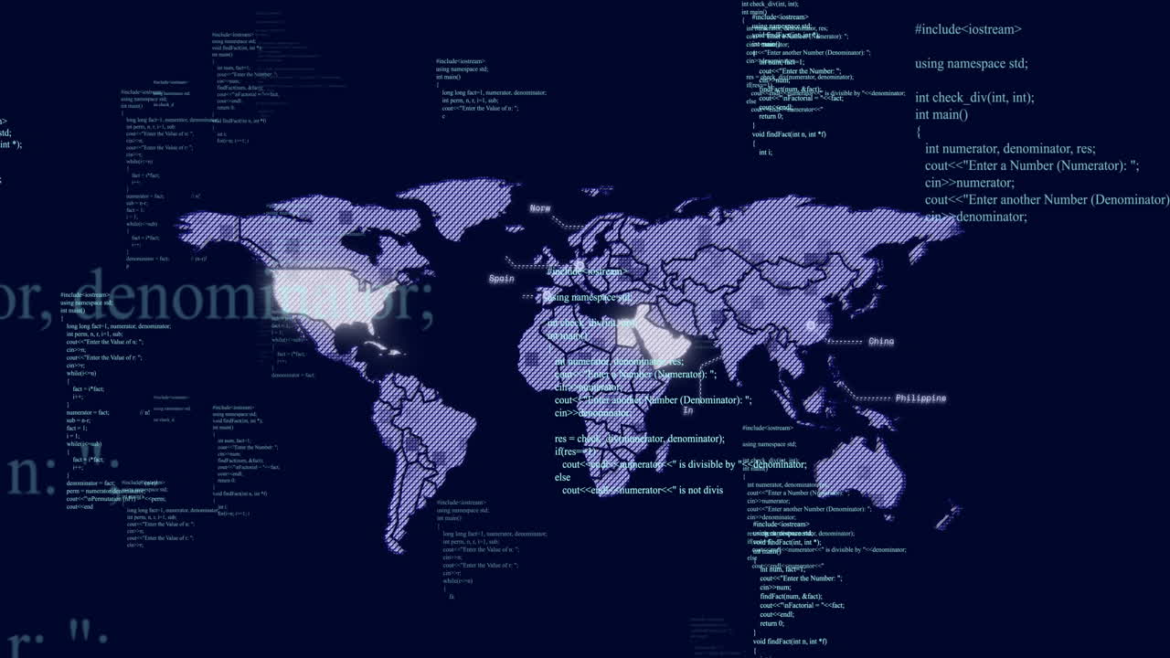 Animation of data processing over world map on dark background