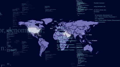 animation of data processing over world map on dark background
