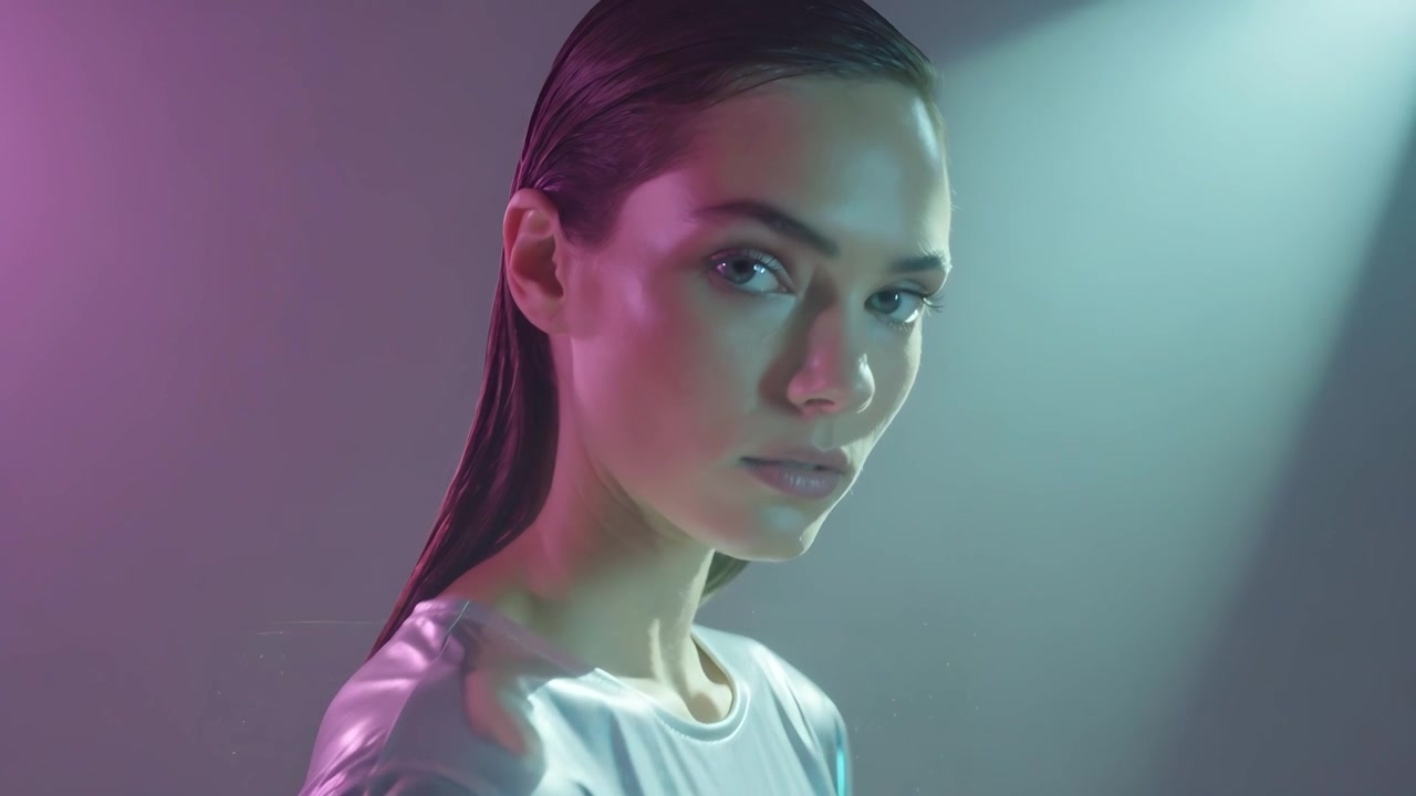 Turning model holding gaze, camera zooming in studio, metal top magenta teal lights for fashion