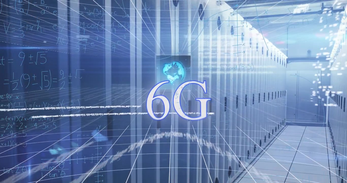Server racks receiving network signal, projecting 6G globe and HUD representing network mapping