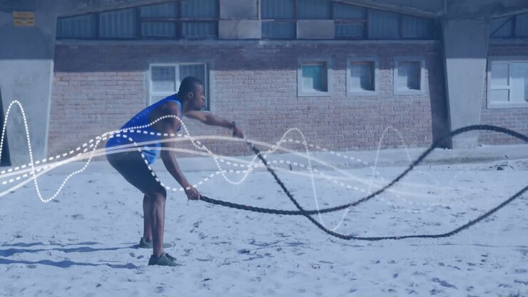 Animation of moving lines over an exercising african american man