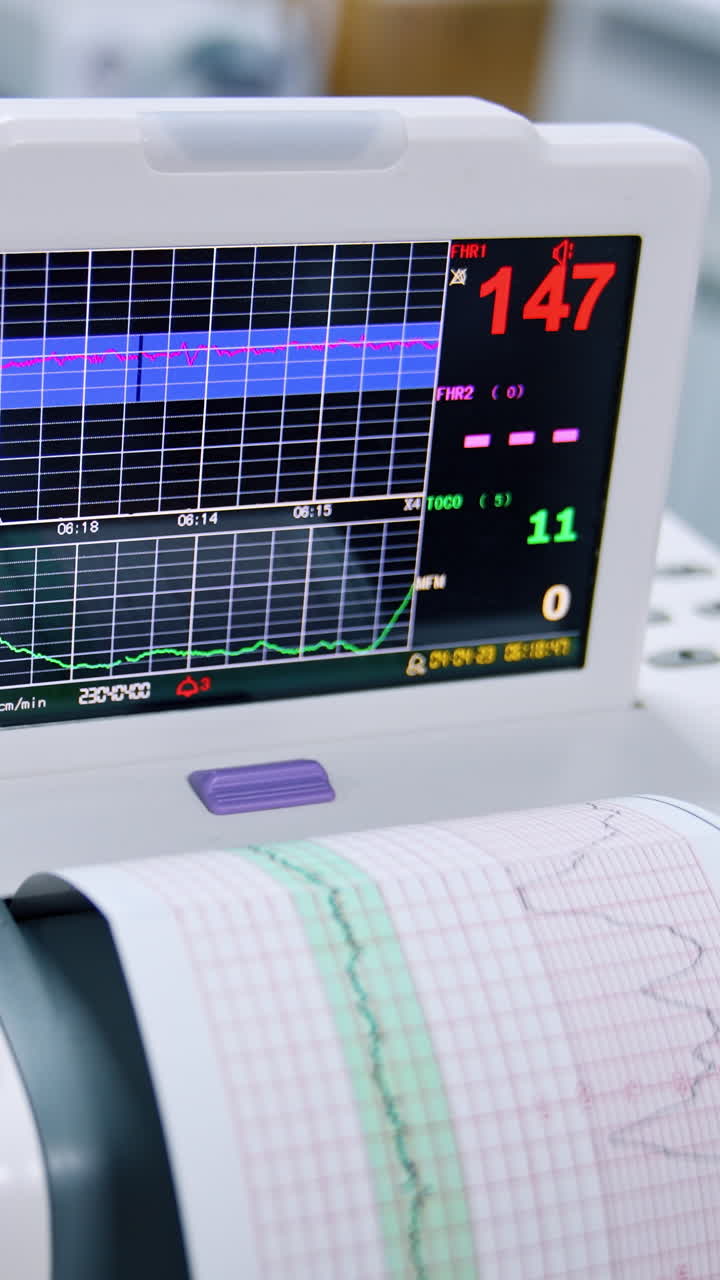 Monitor of the cardiograph working. Device for heart examination and diagnostics. Top view close up. Vertical video