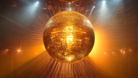 a large golden ball with a bright light shining on it. the ball is surrounded by a dark background