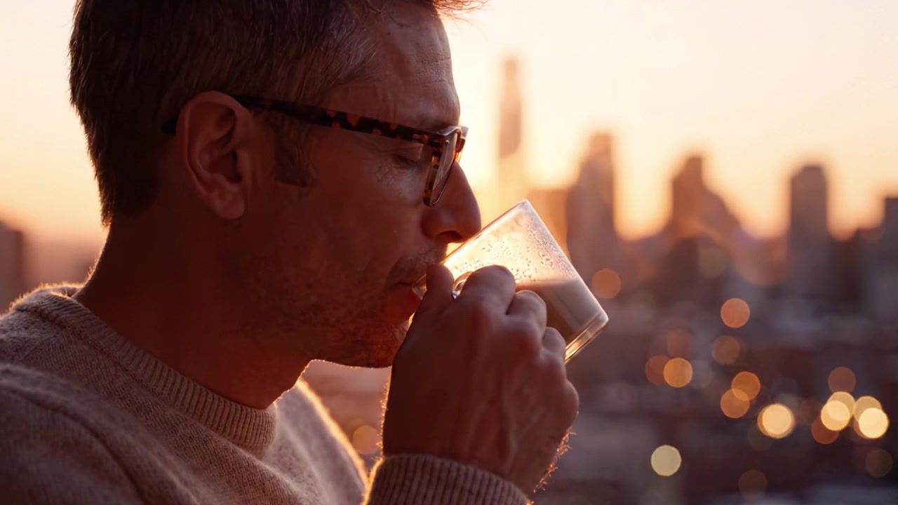 A Thoughtful Moment: A Man Enjoys a Warm Beverage While Gazing at a Stunning Sunset Over a City Skyline, Embracing Tranquility and Reflection.