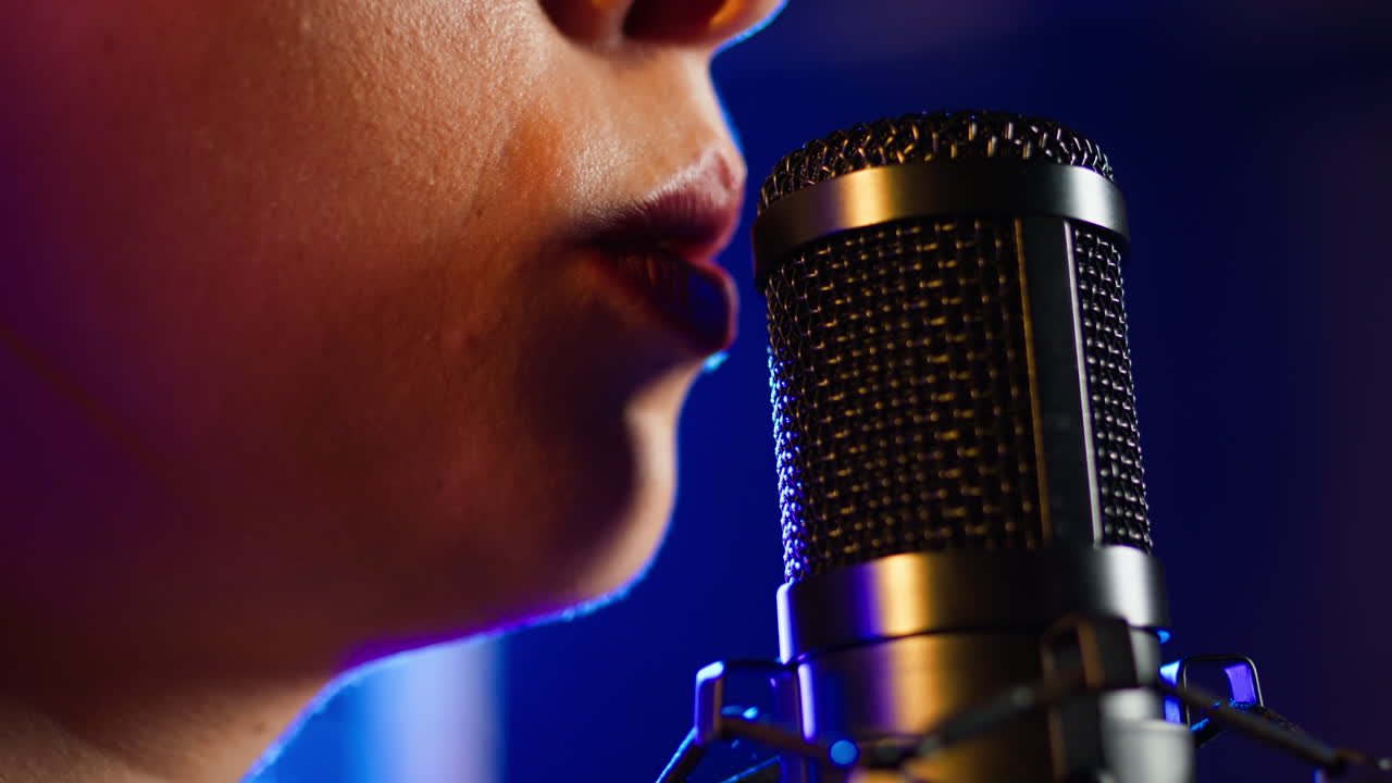 primer plano de una mujer hablando en un micrófono