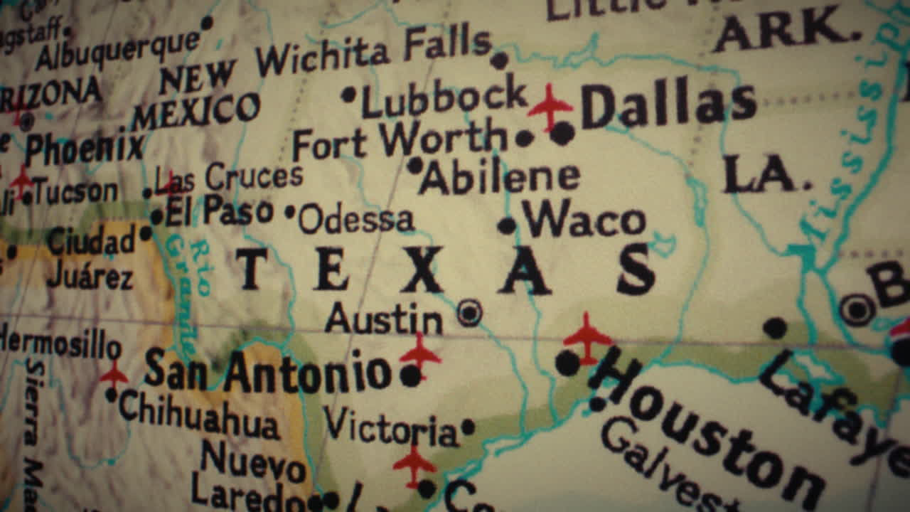 Close-up of a Map Showing Texas and Surrounding States