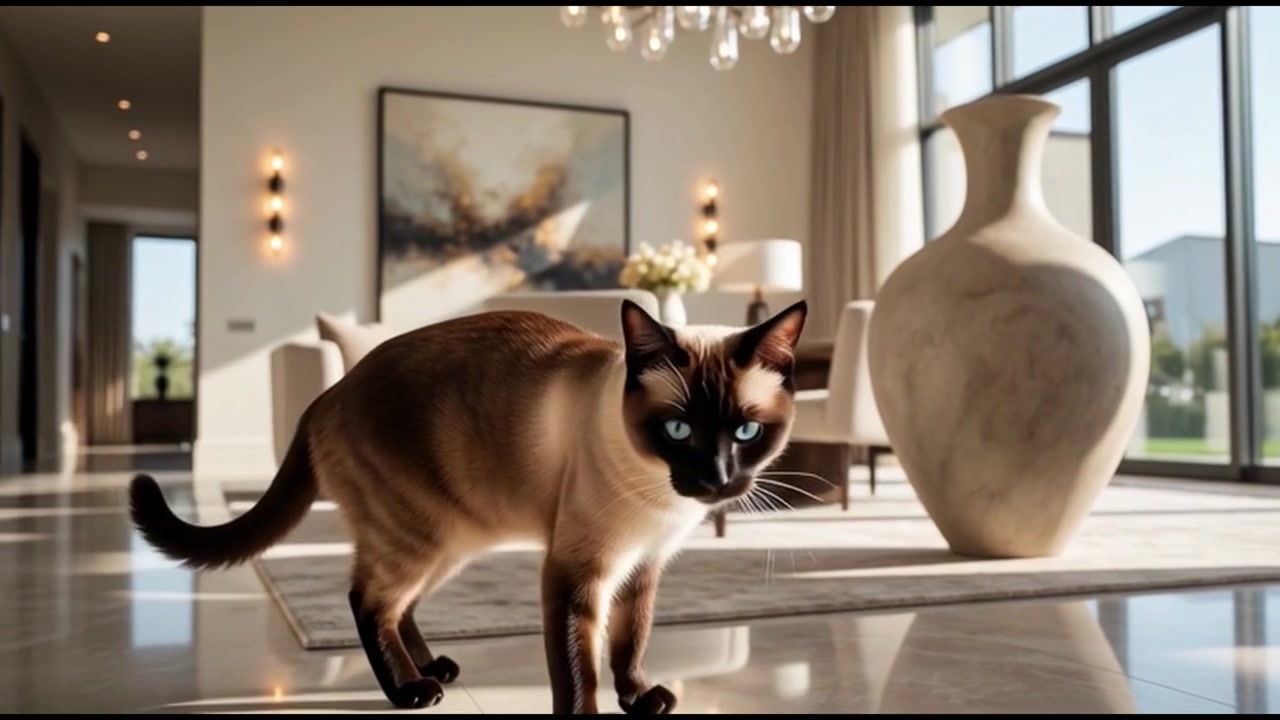 Gatto siamese che attraversa un lussuoso soggiorno moderno