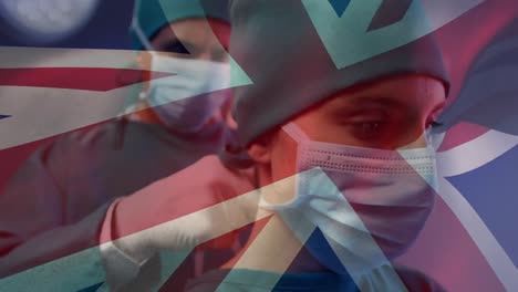 animation of uk flag over doctors during surgery