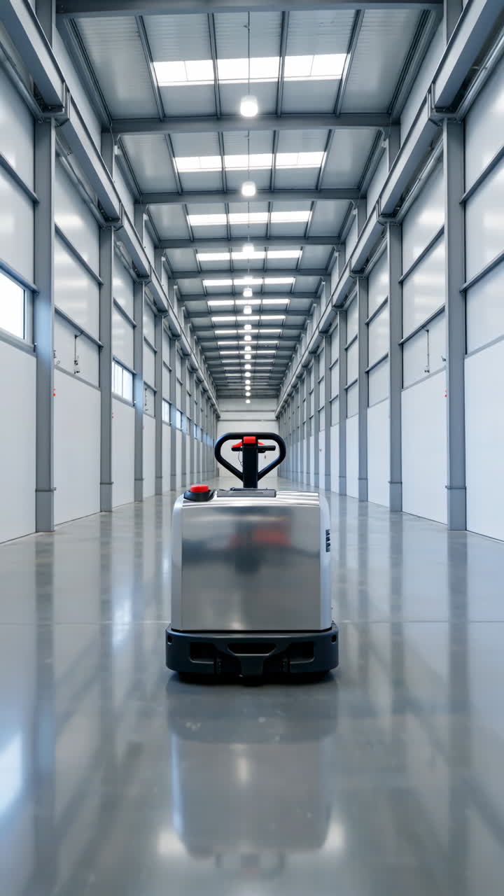 Autonomous Pallet Jack in an Empty Modern Warehouse