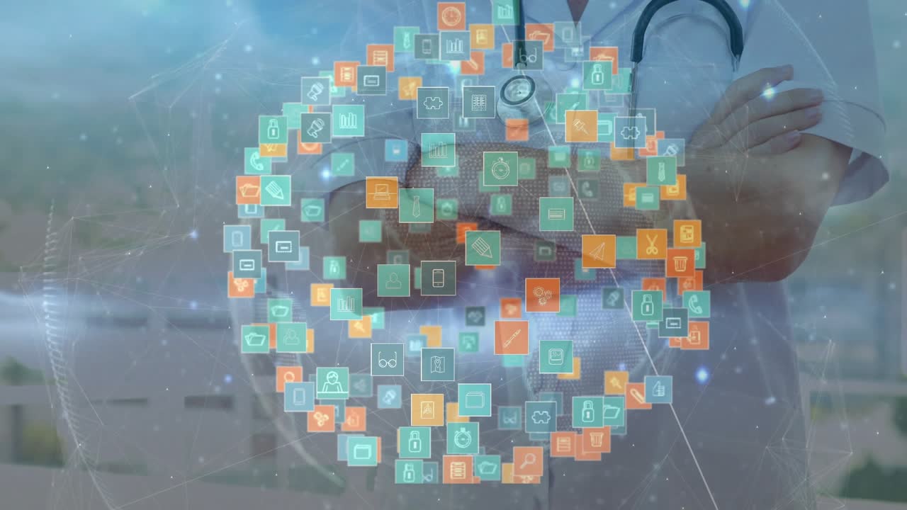 Female doctor stethoscope, rotating data orb appearing over chest, revealing smile, showing data