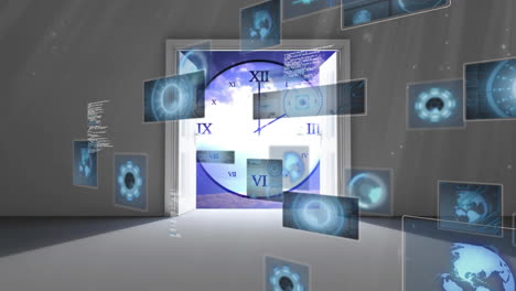 animation of data processing with scope scanning over door and clock