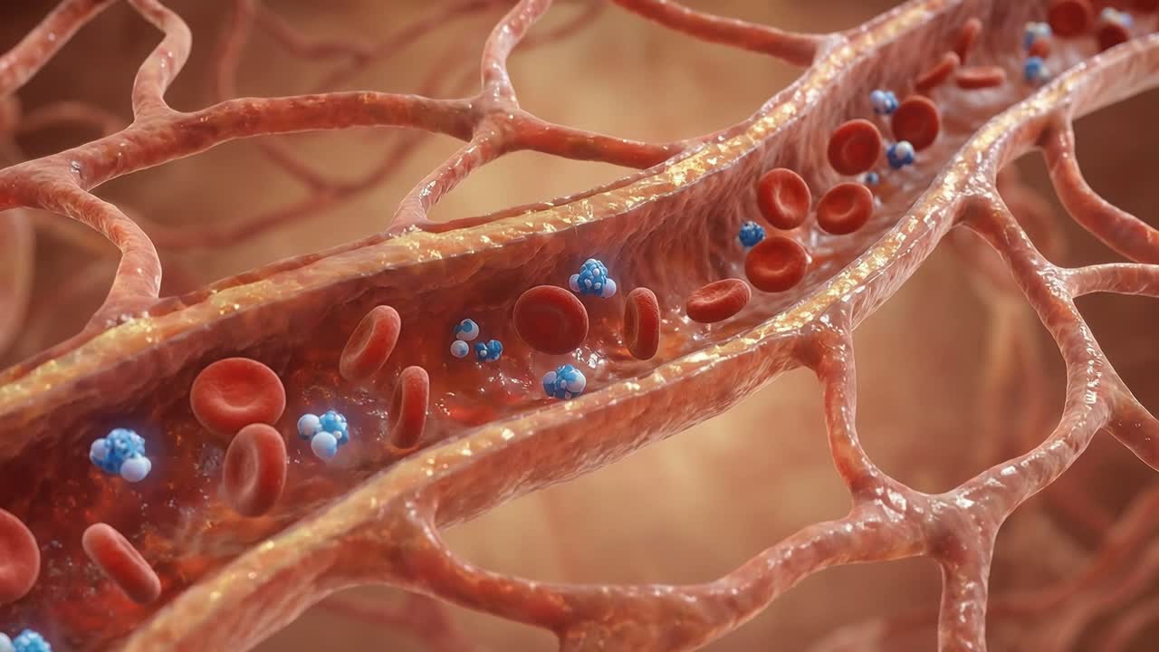 Red Blood Cells and Molecules Flowing Through a Blood Vessel