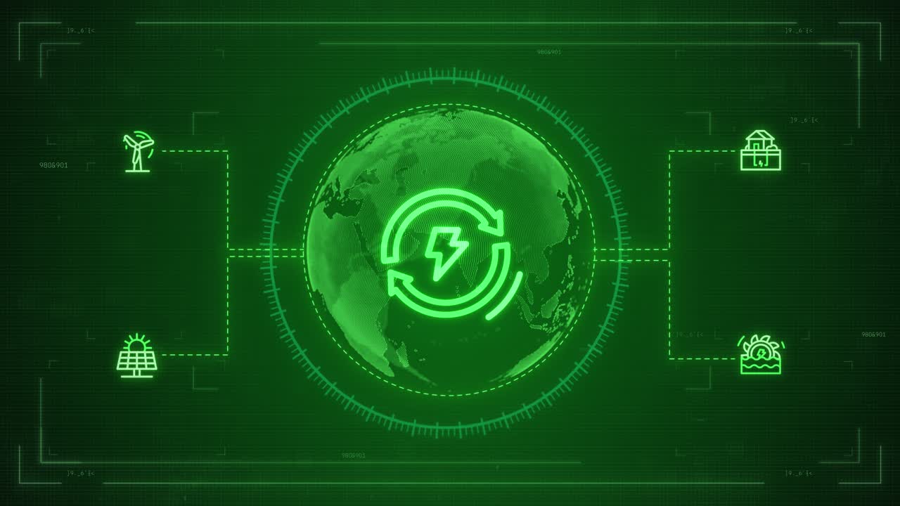 Animated Renewable Energy Icons Around Digital Earth Globe Green Technology, Solar, Wind, Hydro, and Eco-Friendly Futuristic Background