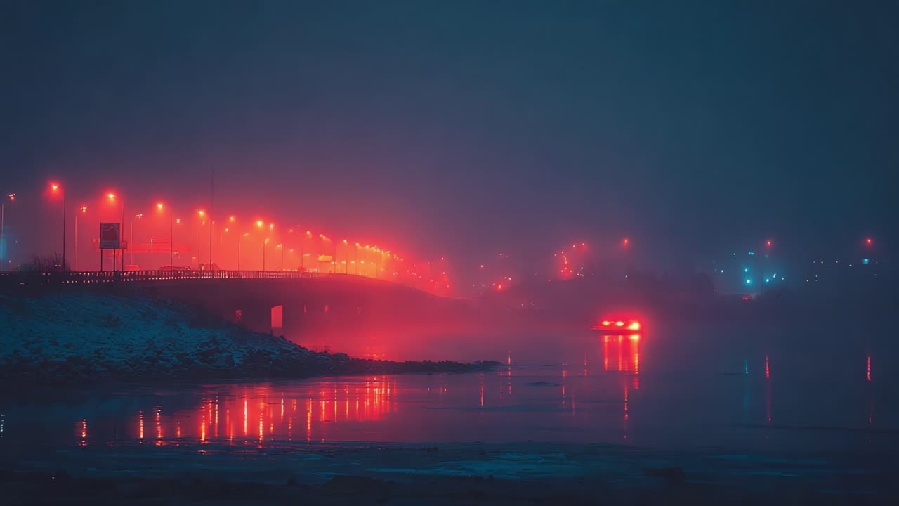 Mysterious Night Scene: A Luminous Bridge Under a Foggy Sky with Vibrant Reflections on Water Capturing the Essence of Calmness and Urban Beauty