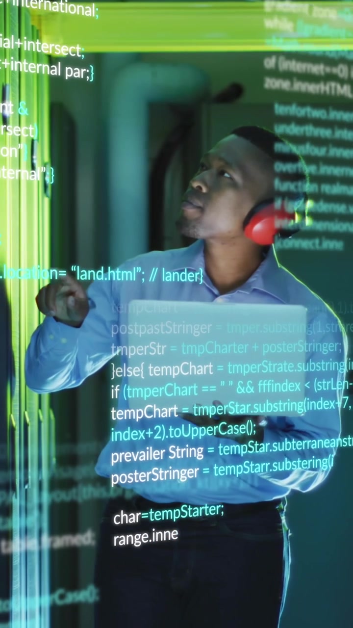 Animation of data processing over african american male engineer using laptop working at server room