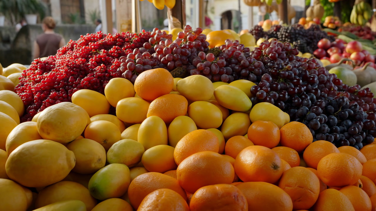 Vibrant Display of Fresh Oranges, Lemons, Grapes, and Red Currants