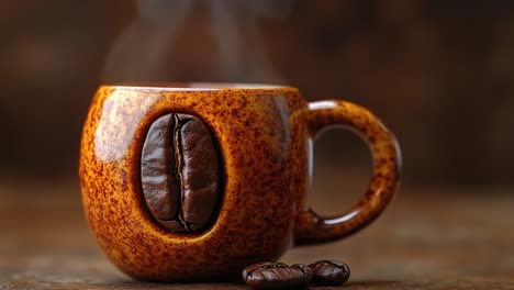 coffee mug on wood table. a detailed mug shaped like a coffee bean rests on a rustic wooden table with steam rising from hot coffee.
