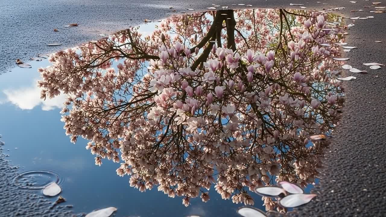 A Serene Reflection of Blooming Magnolia Blossoms in a Puddle, Capturing the Beauty of Nature's Delicate Petals and Clear Sky Above in a Tranquil Urban Setting