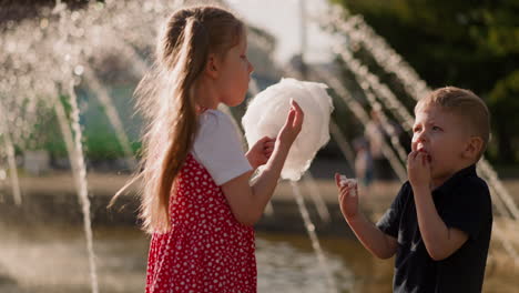 little friends enjoy taste of sugar cotton wool by fountain